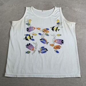 Vintage Tropical Fish Graphic Tank Top Shirt Mens XL White 100% Cotton Ocean Sea